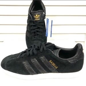 Black and Gold Adidas Gazelle sneakers